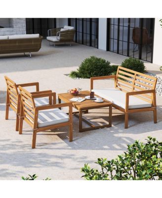 4 PCS Wood Patio Furniture Set w/ Soft Seat Cushions Solid Acacia Wood Frame