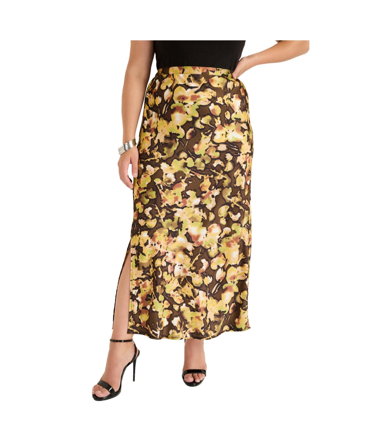 Plus Size June + Vie Satin Side-Slit Midi Skirt - Watercolor floral