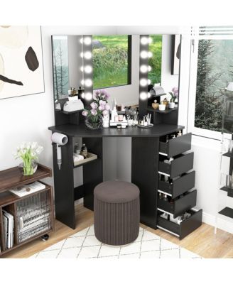Corner Vanity Desk Cosmetic Vanity Station with LED Mirror,& Power Outlets