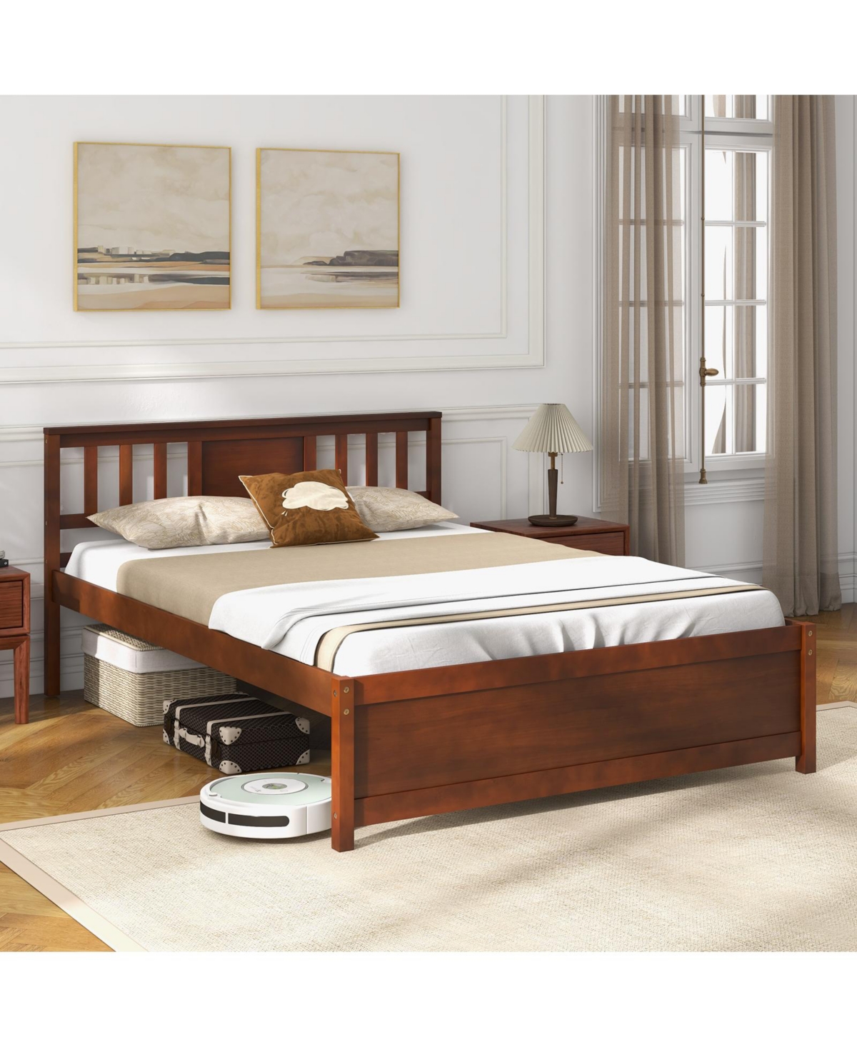 Wooden Platform Bed with Headboard and Slat Support