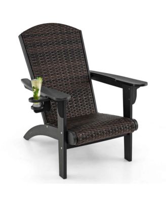 Patio Adirondack Chair with Rattan Padded Seat Wide Armrests & Hidden Cupholder
