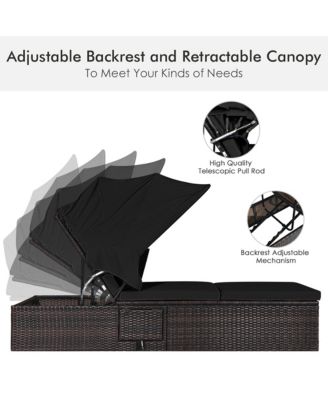 2PCS Patio Rattan Lounge Chair Chaise Cushion Canopy Adjustable Tea Table