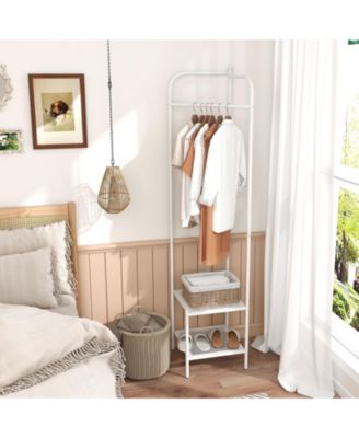 Corner Coat Rack with Top Hanger and 2 Mesh Shelves for Entryway, Hallway, Living Room, or Bedroom Storage