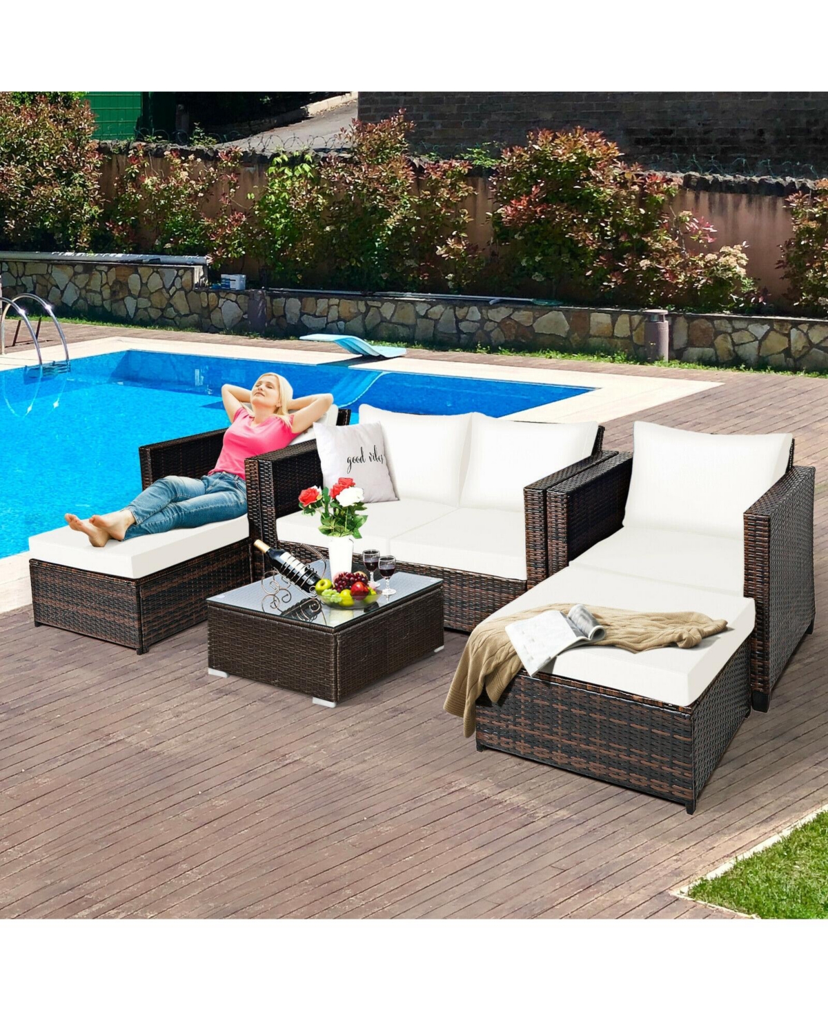 5 Pieces Patio Cushioned Rattan Furniture Set
