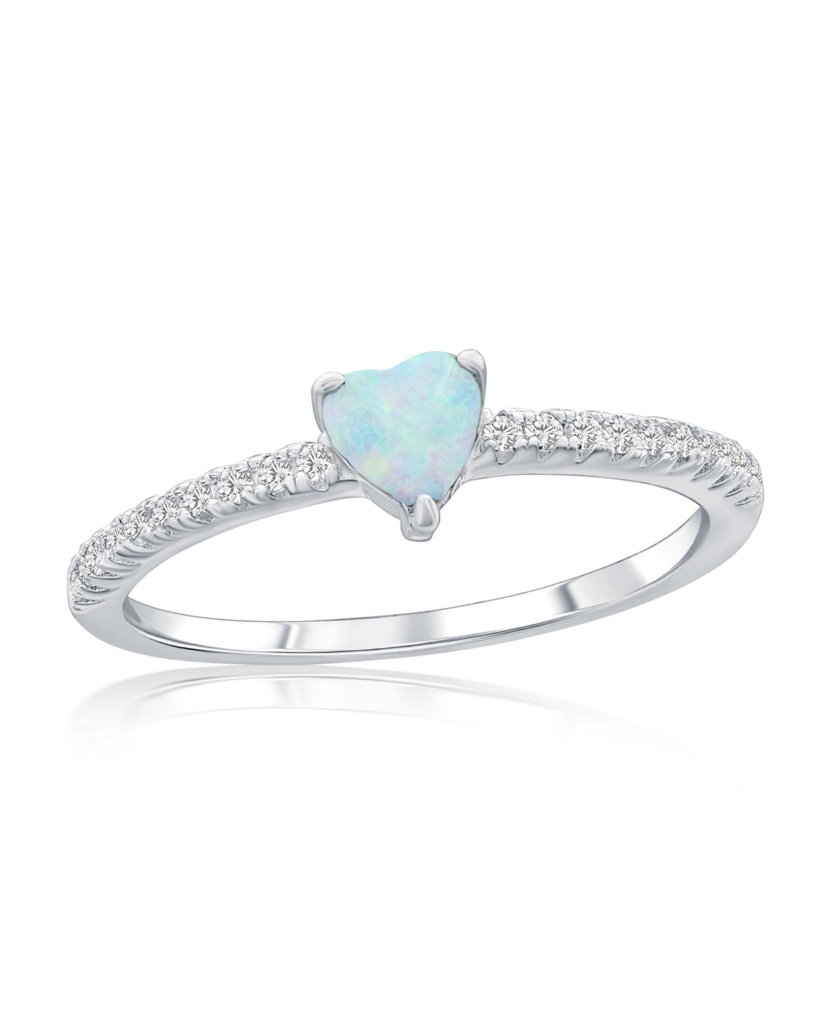 Sterling Silver, White Synthetic Opal Heart & Cz Ring - Silver