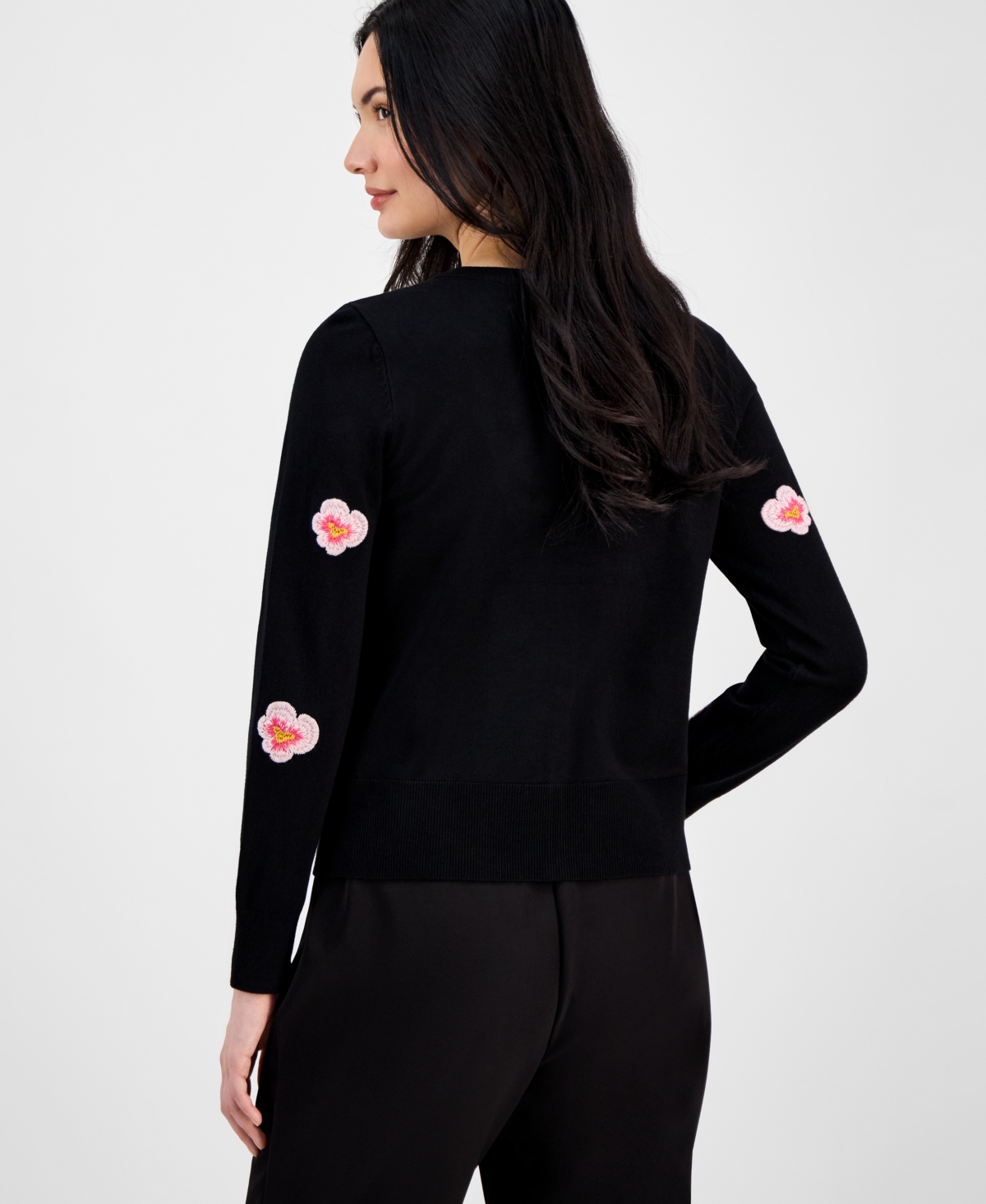 T Tahari Women's Floral-embroidered Button-front Cardigan In Black With Pink Flowers