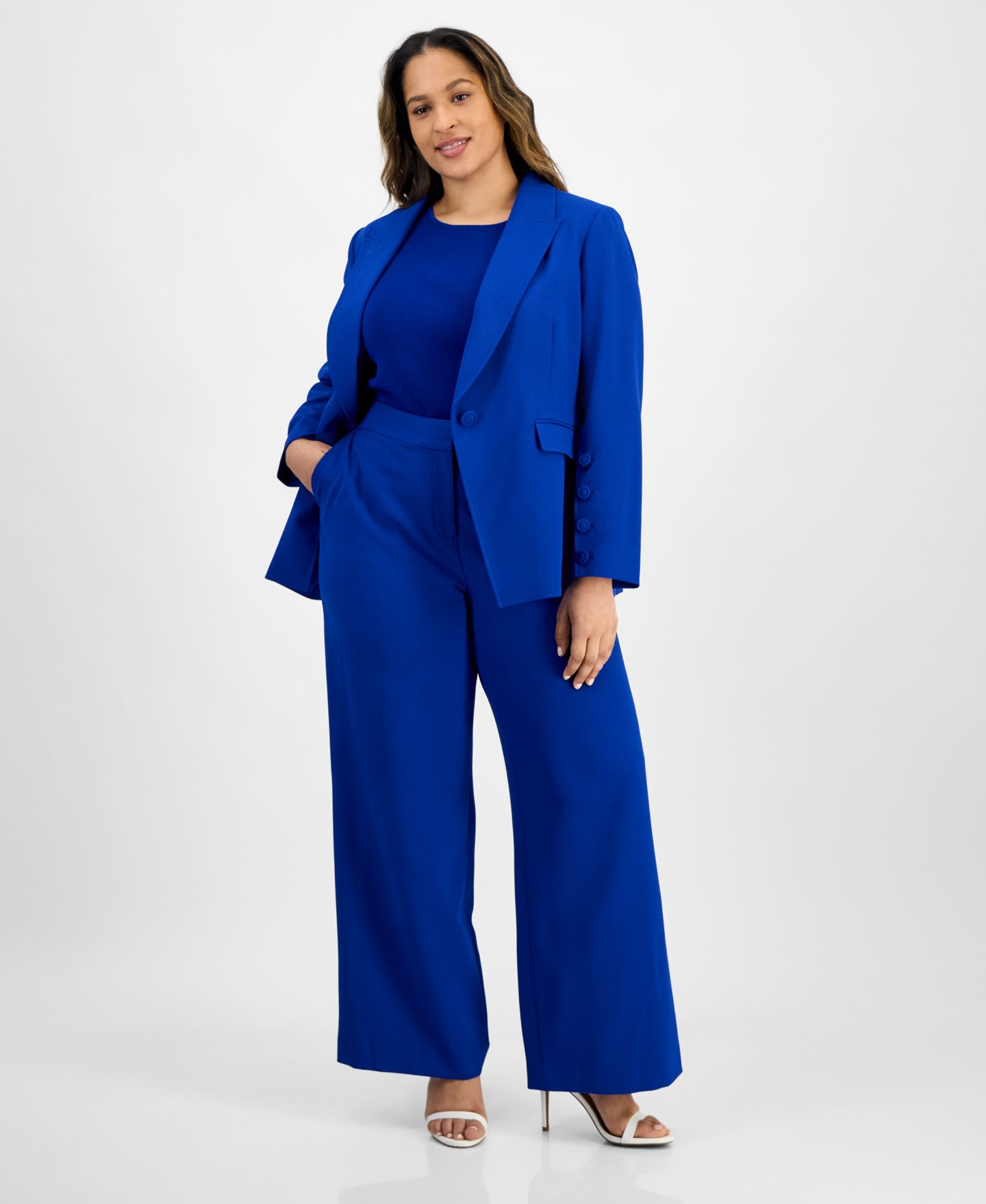 Женские комплекты Tahari ASL Plus Size Single-Button Crepe Blazer, Knit T-Shirt & Wide-Leg Pants, цвет: Colbalt — фото 1