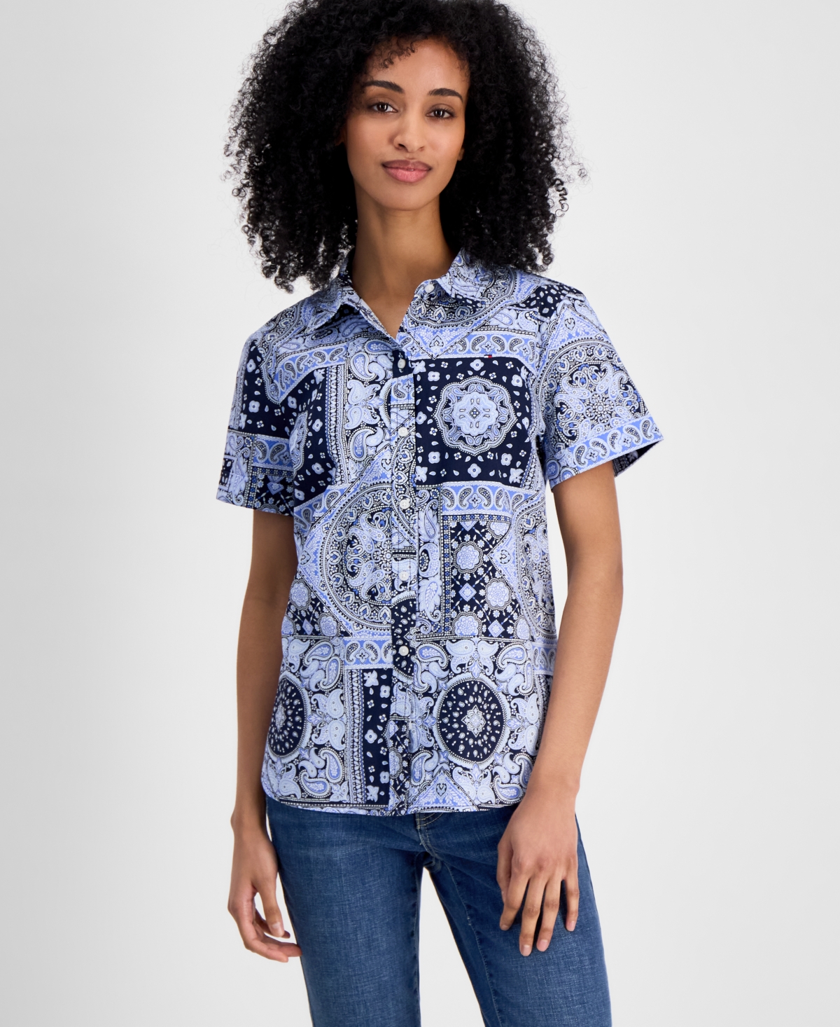 Women's Striped Cotton Camp Shirt - French Blue Multi