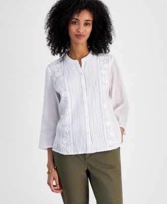 売れ筋商品|||トミー ヒルフィガー カットソー トップス レディース Women's Embroidered Gauzy Pintucked Cotton Top Bright White Tommy Hilfiger Women's Embroidered Gauzy Pintucked Cotton