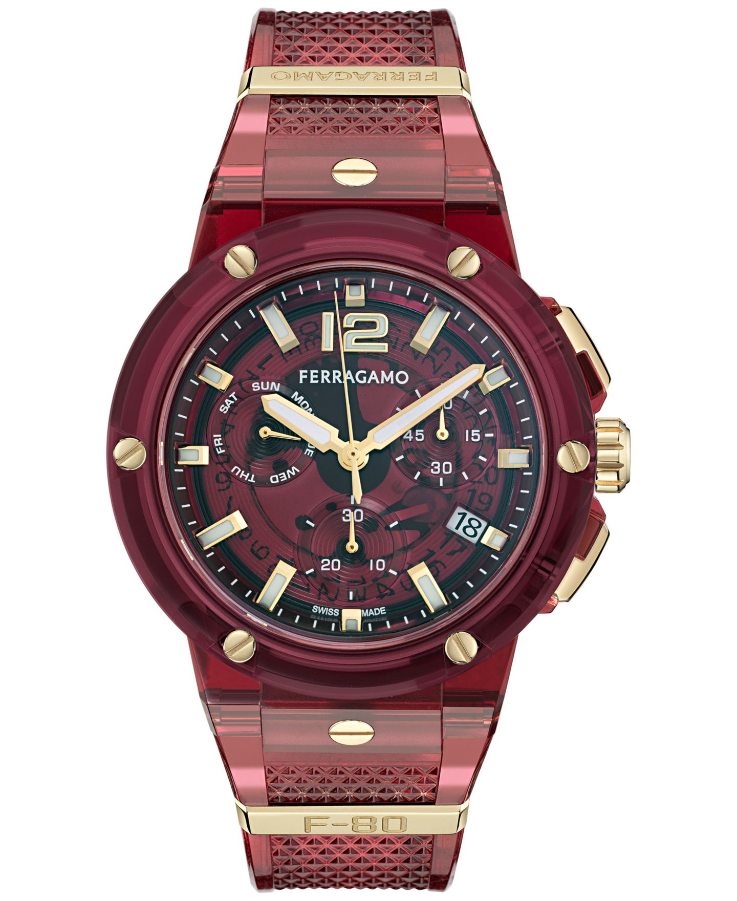Мужские часы Ferragamo Swiss Chronograph F-80 Translucent Burgundy Polyurethane Strap Watch 44mm — фото 1