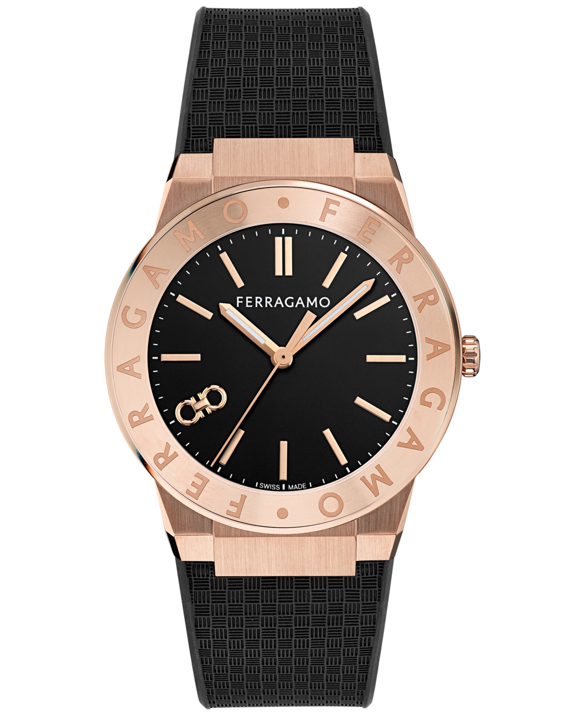 Ferragamo Men's Swiss Black Polyurethane Strap Watch 41mm In Rosegold