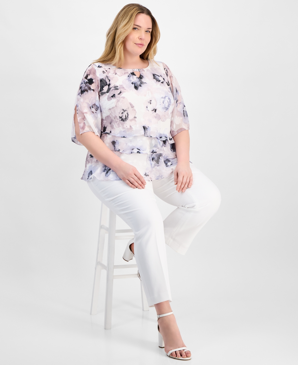 Alex Evenings Plus Size Tiered Floral Chiffon Top In Ivory Multi