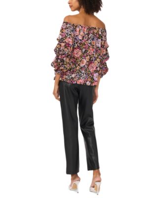 Women's Floral Off-The-Shoulder Bubble 3/4-Sleeve Tie-Front Blouse