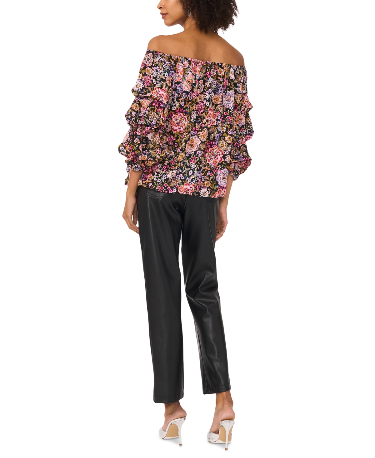 Vince Camuto Floral Off The Shoulder Bubble Sleeve Top In Rich Black