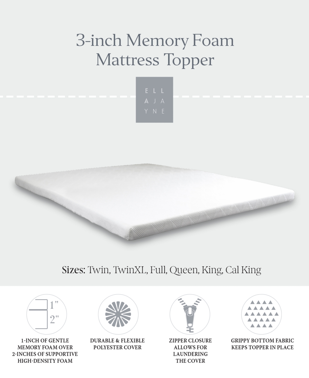 Ella Jayne 3" Memory Foam Mattress Topper, California King In White