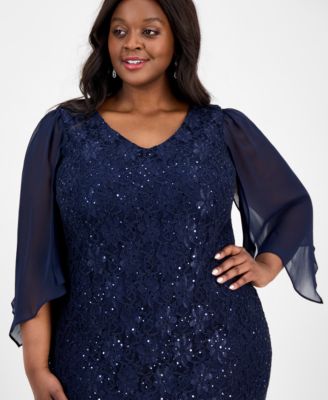 Connected Plus Size Sheer-Sleeve Lace Gown - Macy's