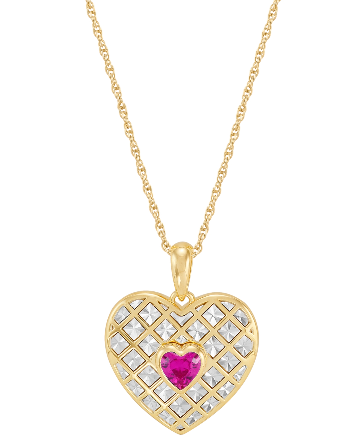 Macy's Created Ruby Or Pink Sapphire (1 Ct. T.w.) Heart Stud Earrings & Pendant Necklace In 14k Gold Over S In Ruby