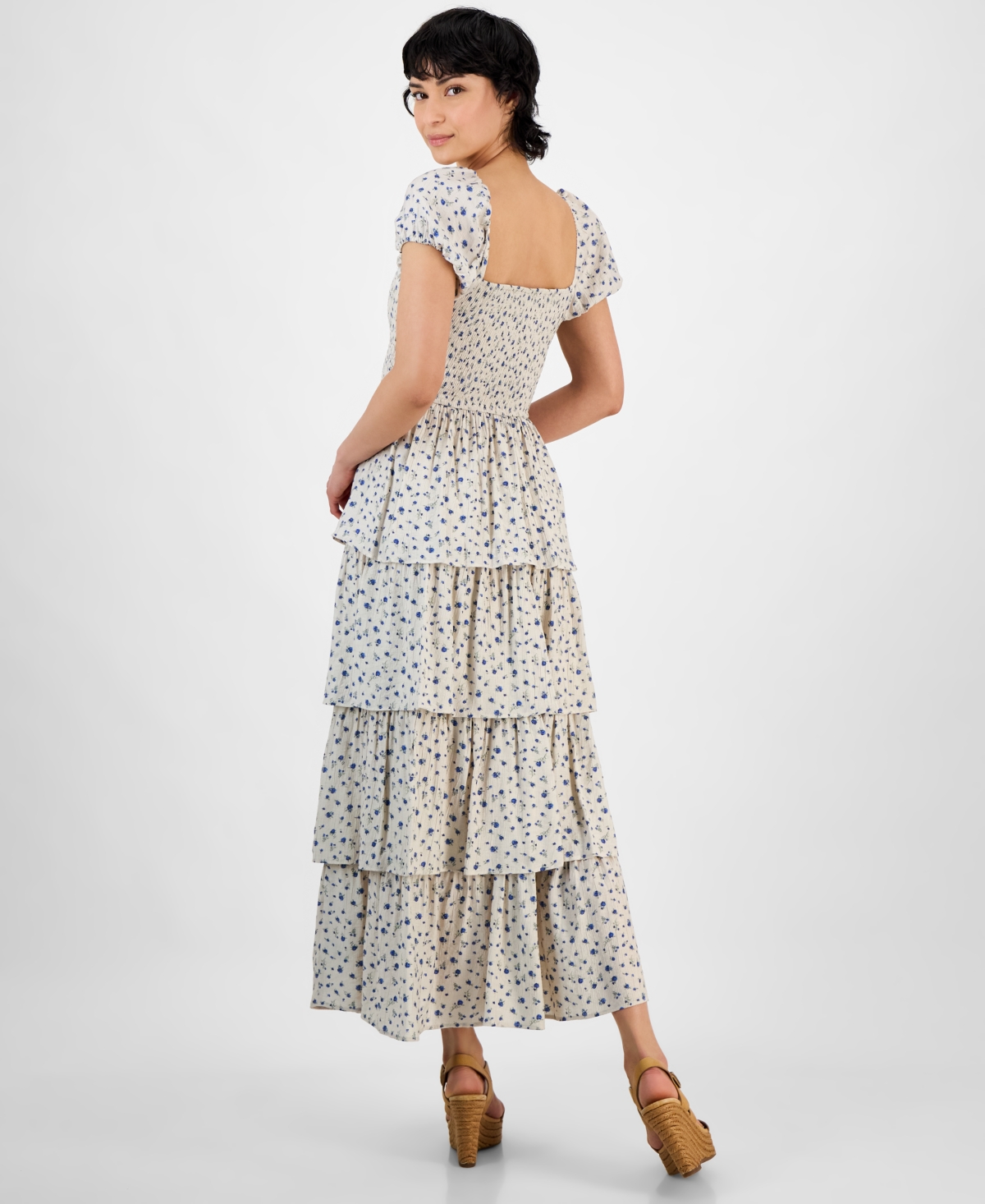 And Now This Petite Printed Smocked Tiered-ruffle-trim Dress, Exclusively At Macy's In Cream,blue Floral
