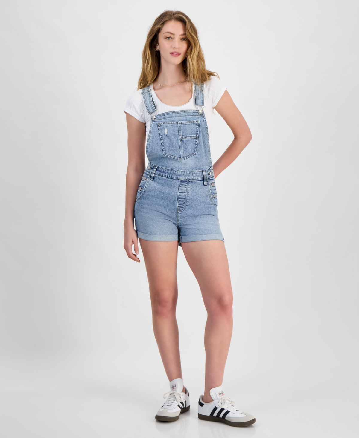 CELEBRITY PINK JUNIORS' ROLL-CUFF DENIM SHORT OVERALLS 