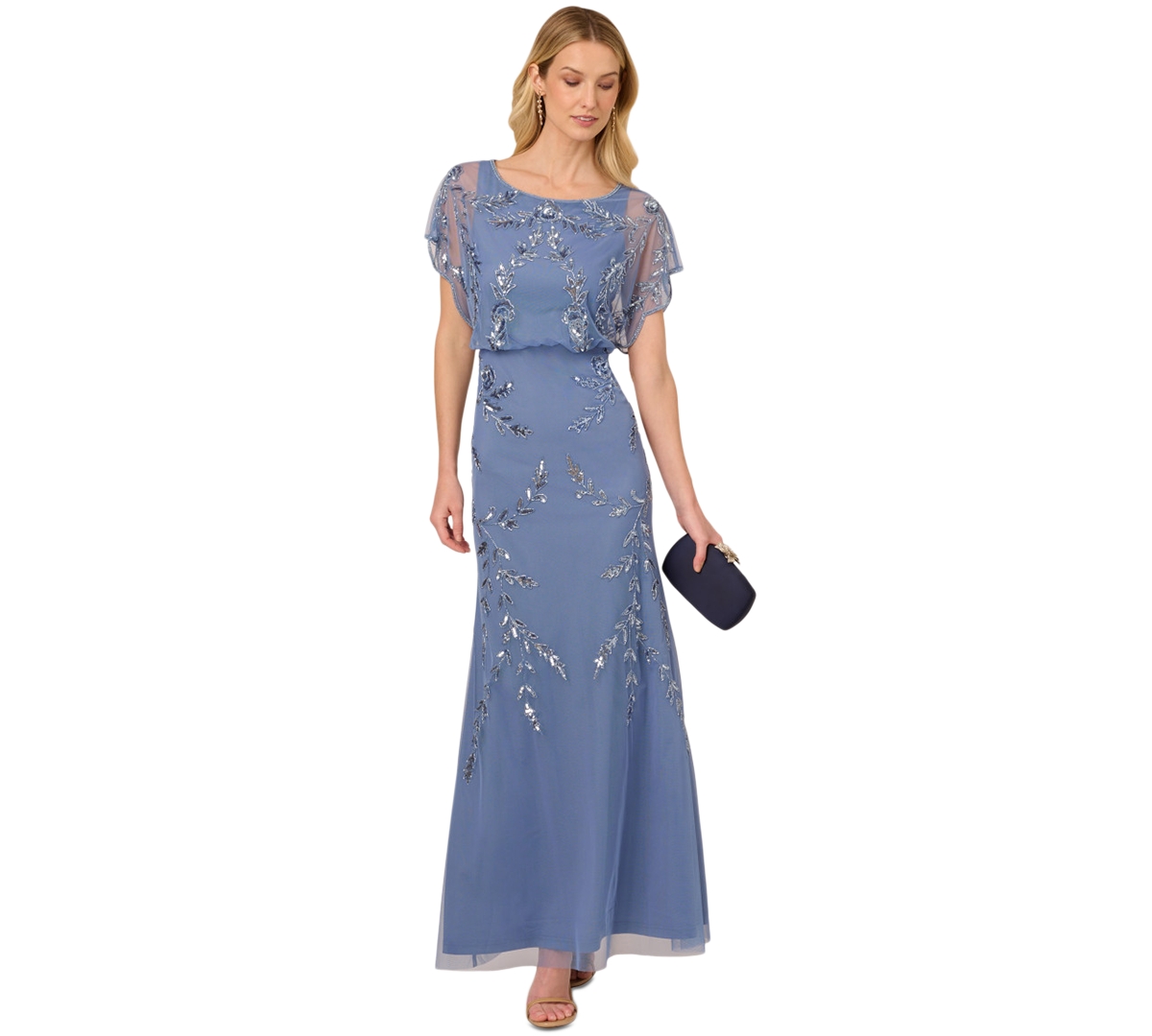 Papell Studio Women's Beaded Flutter-Sleeve Blouson Gown - French Blue