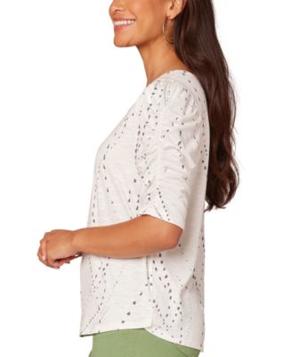 Petite Printed Ruched-Sleeve Scoop-Neck Top