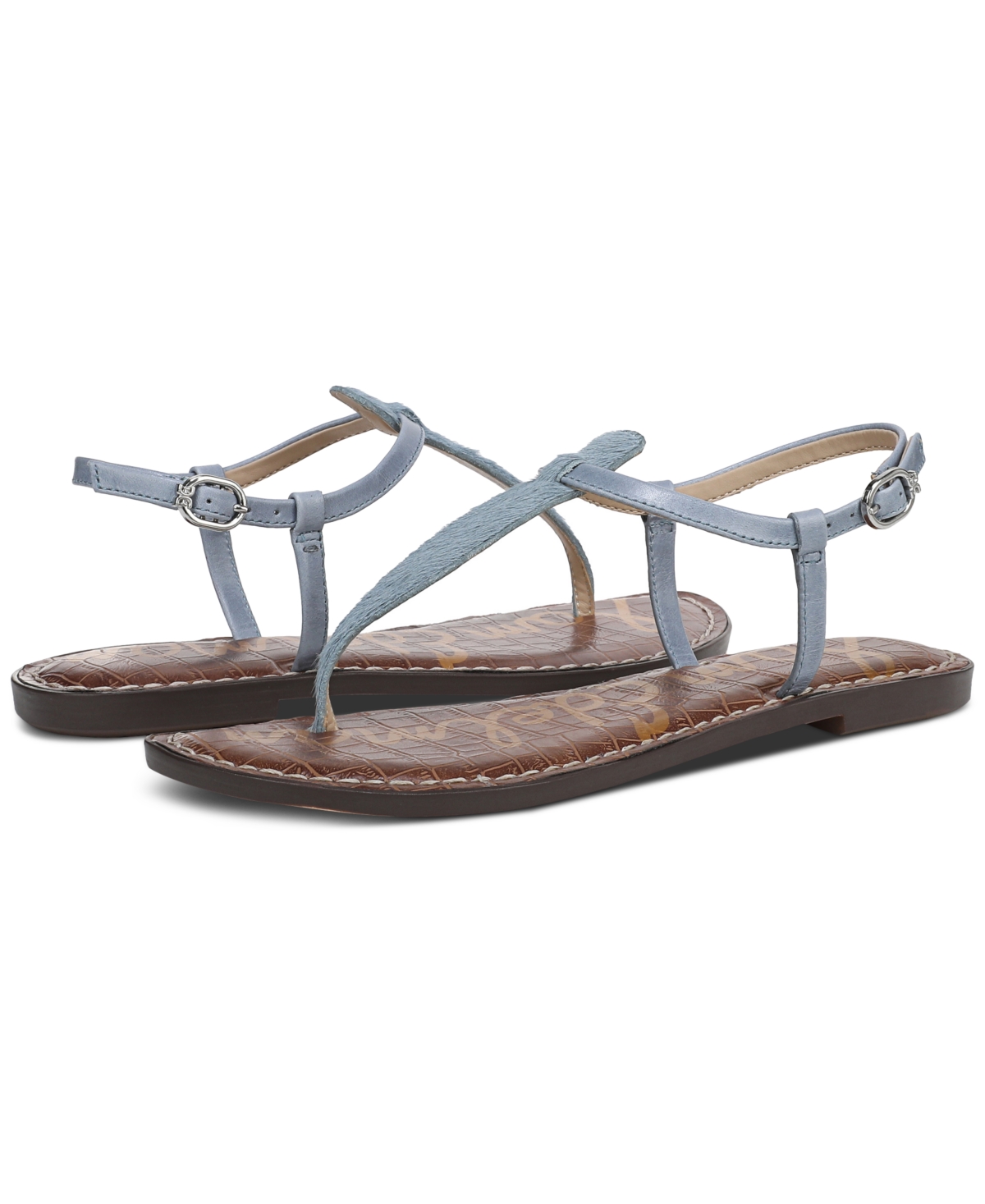 Sam Edelman Women's Gigi T-strap Flat Sandals In Blue Breeze Leather