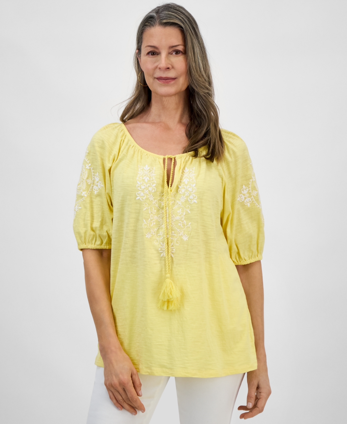 Women's Embroidered Split-Neck Tasseled-Tie Top, Regular & Petite, Exclusively at Macy's - Yellow