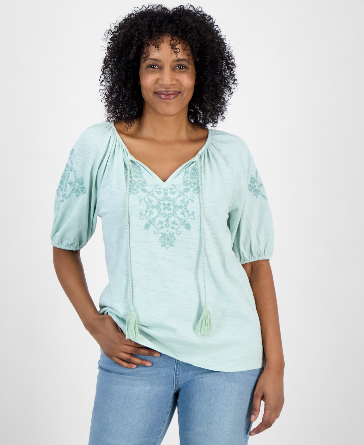 Women's Embroidered Split-Neck Tasseled-Tie Top, Regular & Petite, Exclusively at Macy's - Yellow