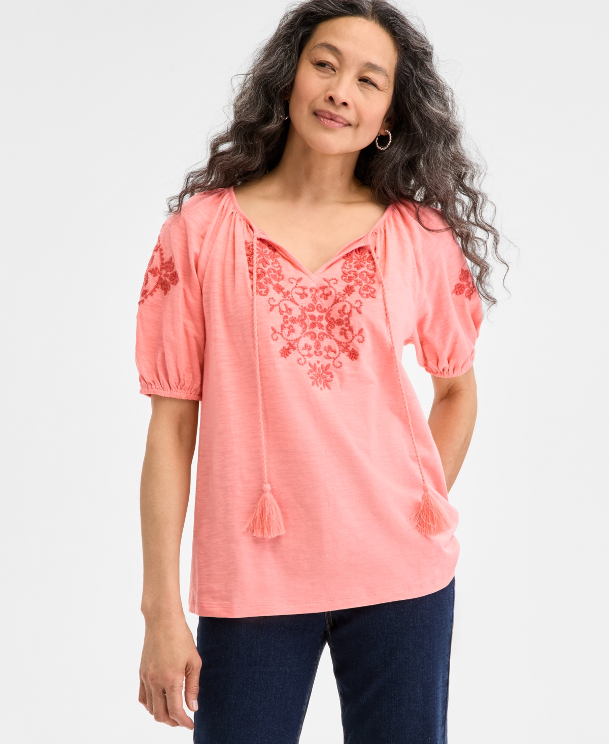 Women's Embroidered Split-Neck Tasseled-Tie Top, Regular & Petite, Exclusively at Macy's - Yellow