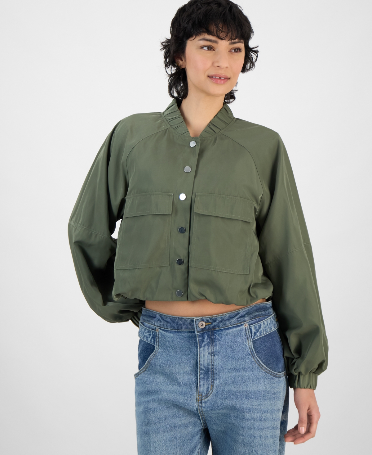 Bar Iii Women's Long-sleeve Bubble-hem Cargo Jacket, Exclusively At Macy's In Dusty Olive