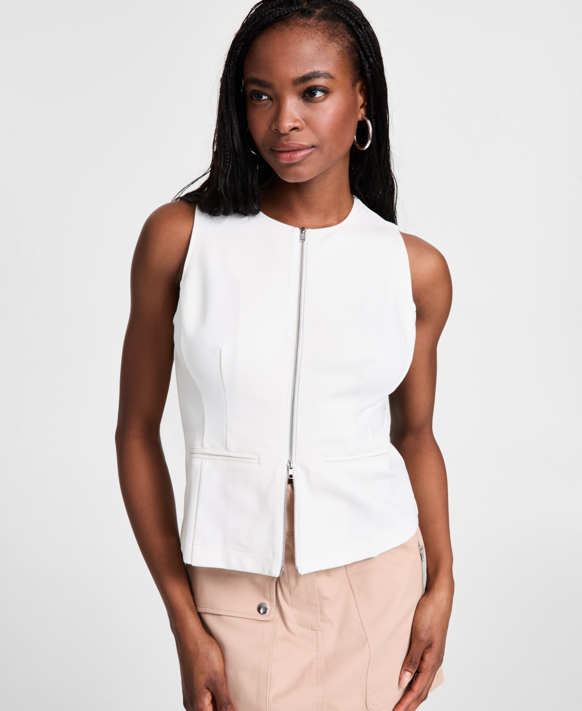 Bar Iii Women's Sleeveless Dual-zipper Ponte Top, Exclusively At Macy's In White