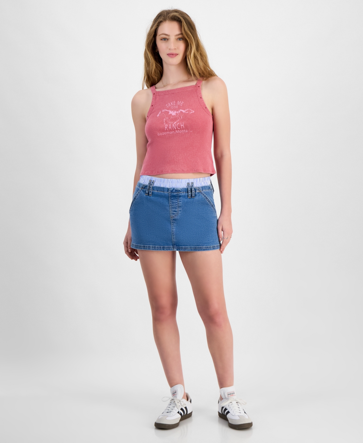 Juniors' Contrast-Waist Denim Skirt - Medium Wash