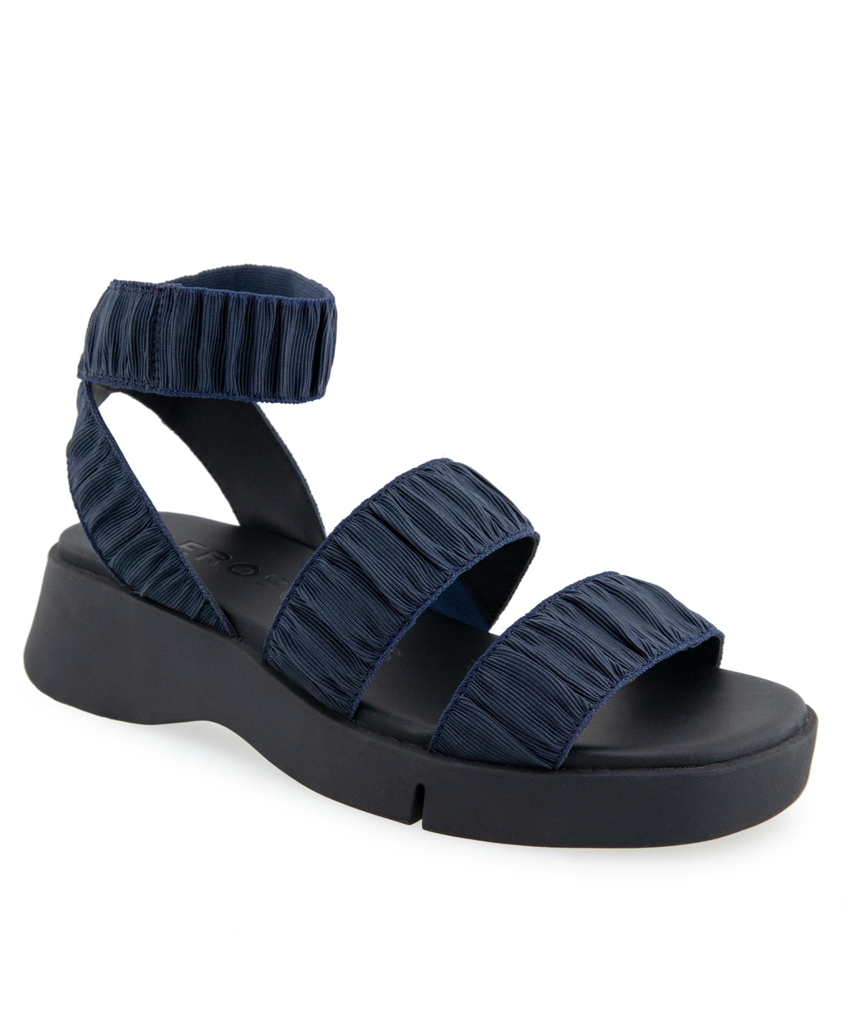 Shop Aerosoles Women's Fiona Round Toe Flatform Sandals In Navy Rouched Elastic Fabric