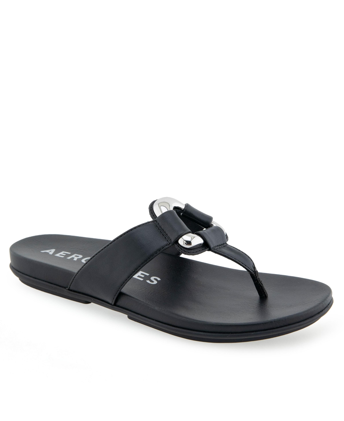 Shop Aerosoles Women's Fallon Round Toe Thong Sandals In Black Faux Leather