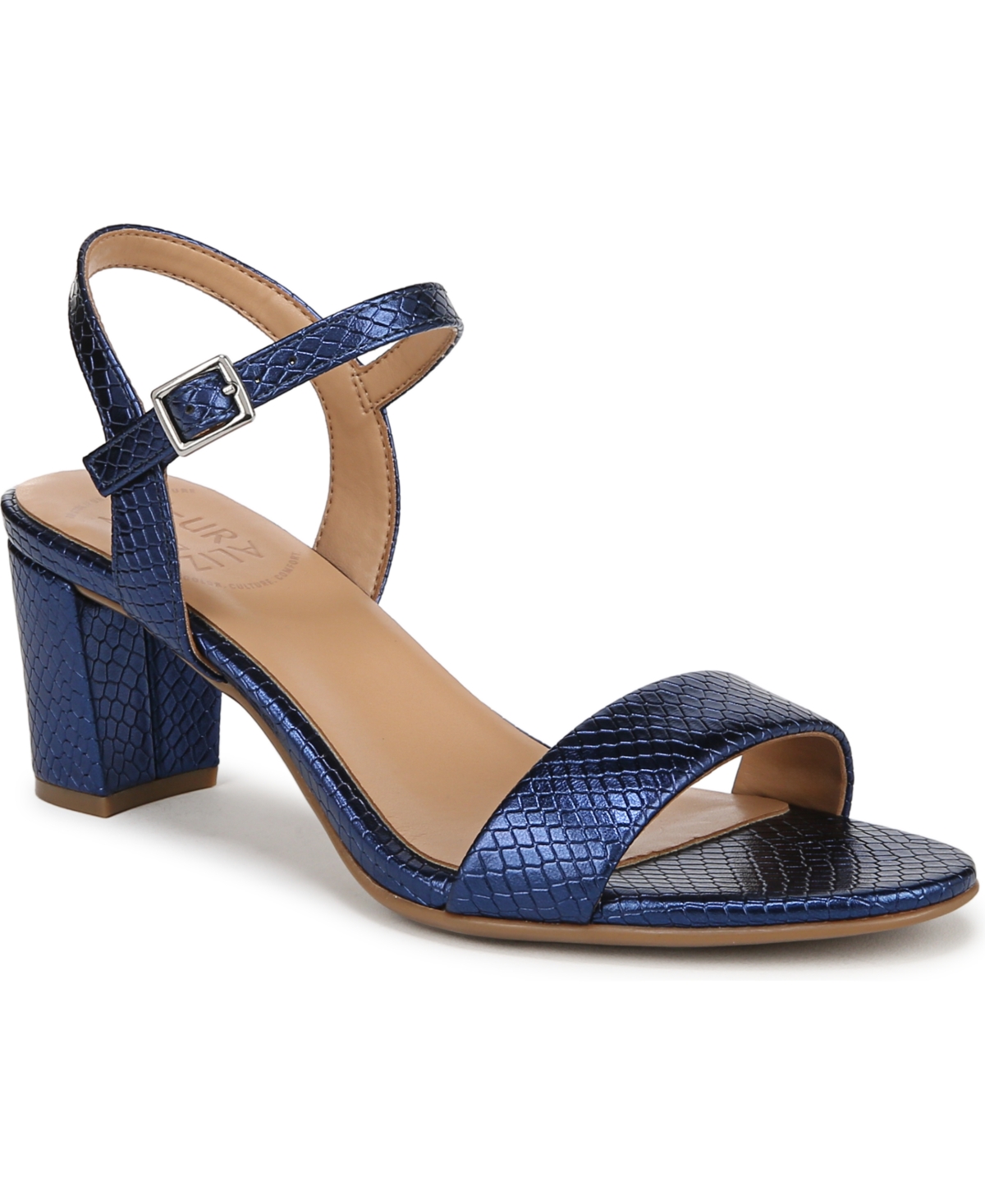 Naturalizer Bristol Block Heel Ankle Strap Sandal In Future Dusk Blue Metallic Snake Embossed