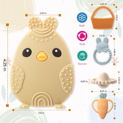 Toddler Easter Teether Set, Easter Bunny, Carrot, Chicken, Rattle Egg & Easter Basket Teething Toys Cute Easter Teethers Toys Gift Set