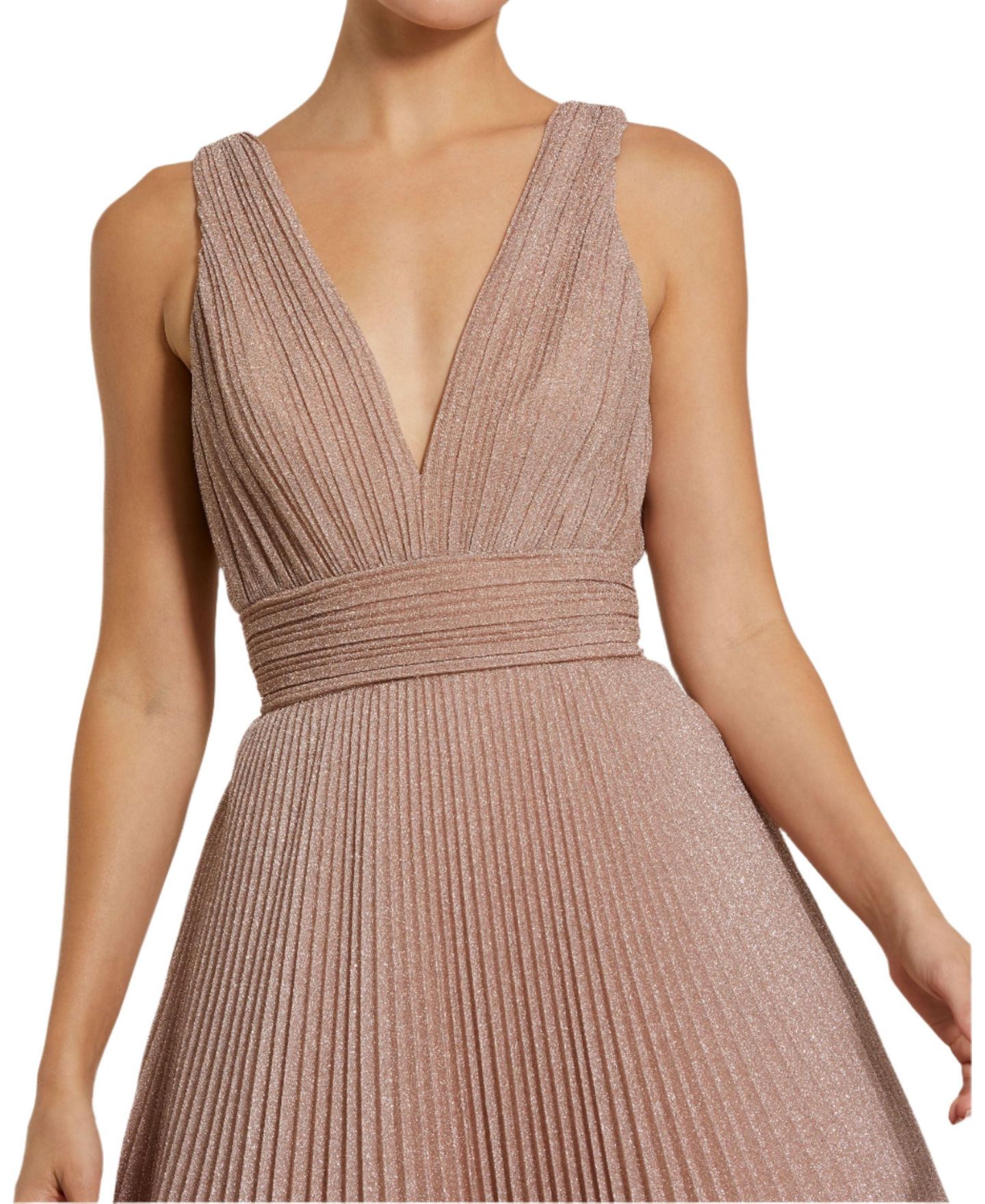 Женское платье Mac Duggal Shimmering Georgette Pleated Sleeveless Gown, цвет: Розовое золото — фото 9