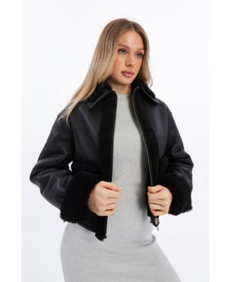 Women's Cropped Black Shearling Jacket