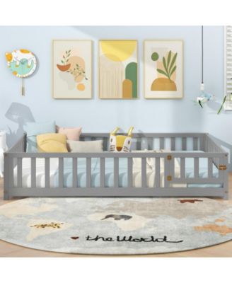 Montessori Bed Frame with Full-length Guardrails Safety Door and Latch