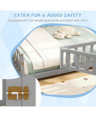 Montessori Bed Frame with Full-length Guardrails Safety Door and Latch