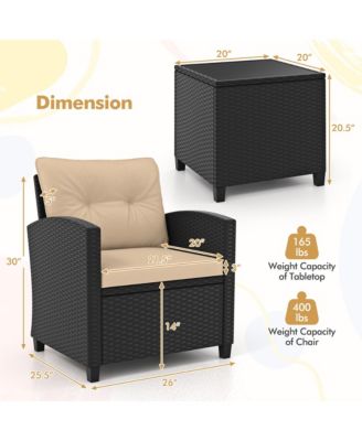 3 PCS Patio Furniture Set w/Tempered Glass Coffee Table Washable Cushions