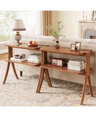 Narrow Side Table for Living Room, Farmhouse End Table with 2-Tier Storage Shelf and Solid Wood Legs