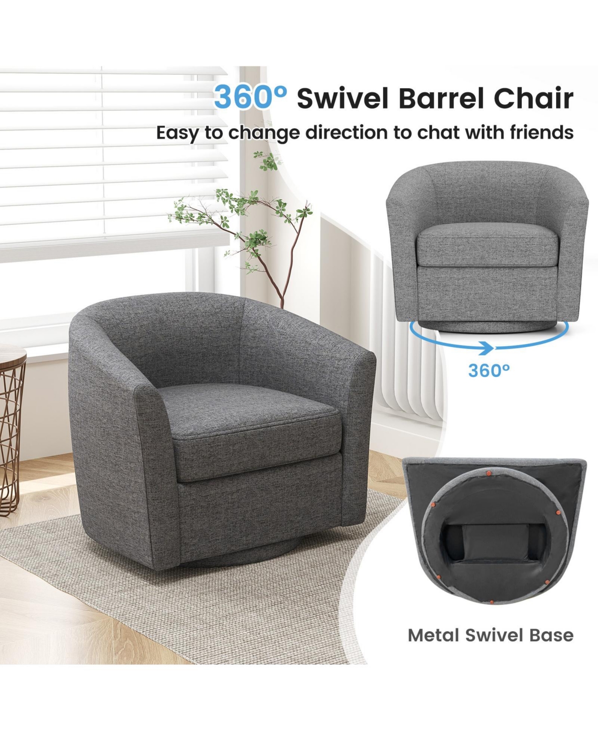 Modern Club Swivel Accent Chair with Ottoman Footrest Curved Backrest