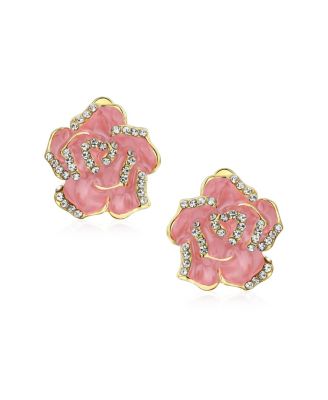 Pink Red Enamel Flower Crystal Edge Clip-On Earrings Gold Plated For Non-Pierced