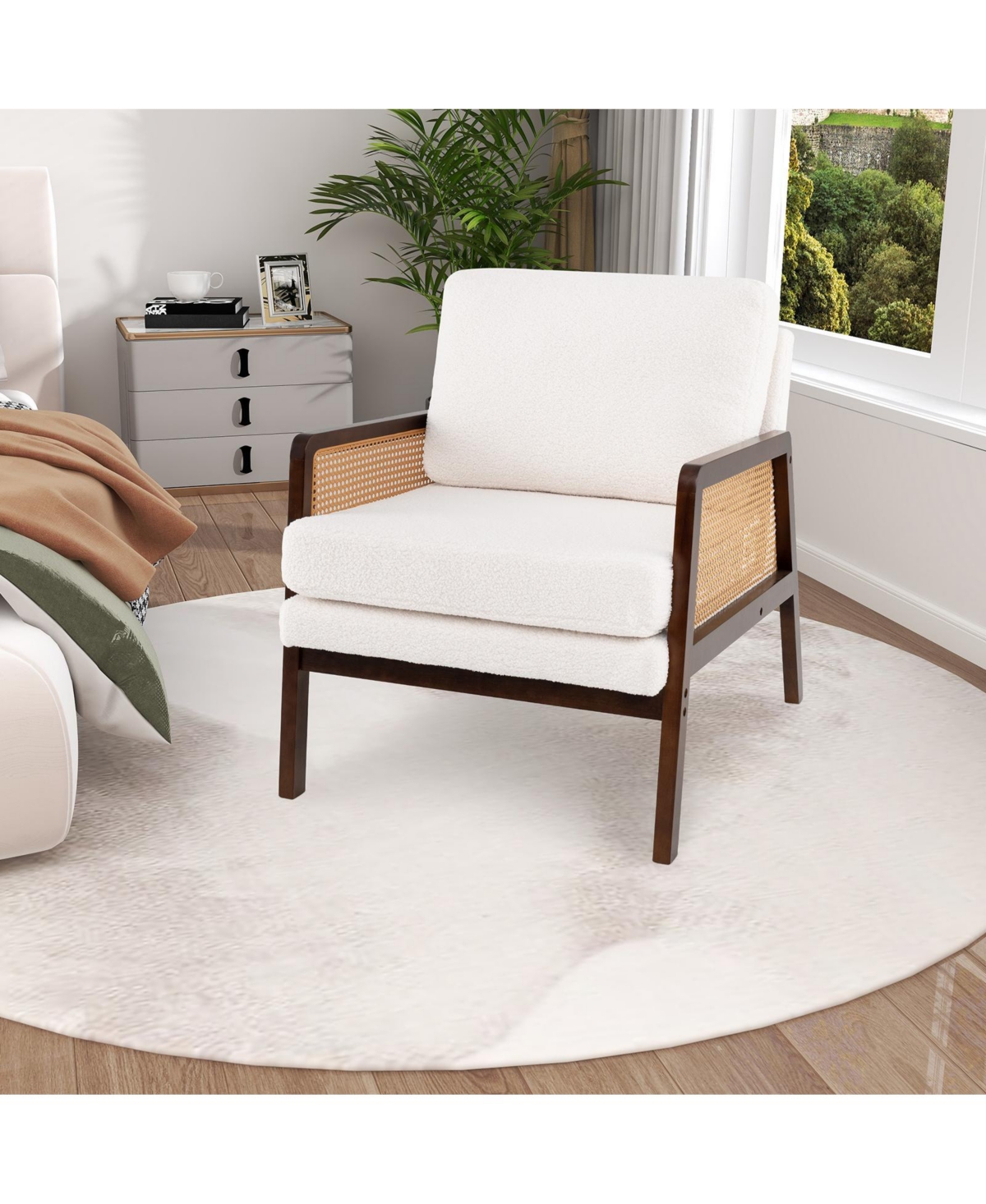 Mid Century Modern Accent Chair with Rattan Arms and Cushion