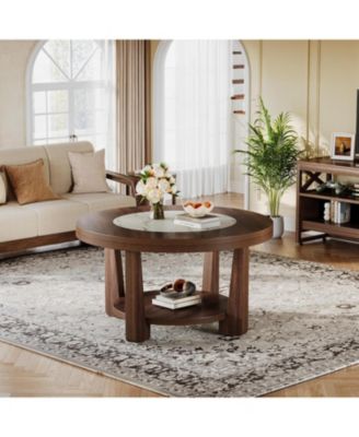 Coffee Table, 2-Tier Round Coffee Table with Heavy-Duty Wood Tabletop for Living Room