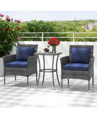3-Piece Patio Furniture Set PE Wicker Conversation Bistro Set w/ A Tempered Glass Table