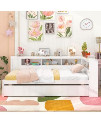 Daybed Platform Bed Frame with Trundle and Bedside Shelves