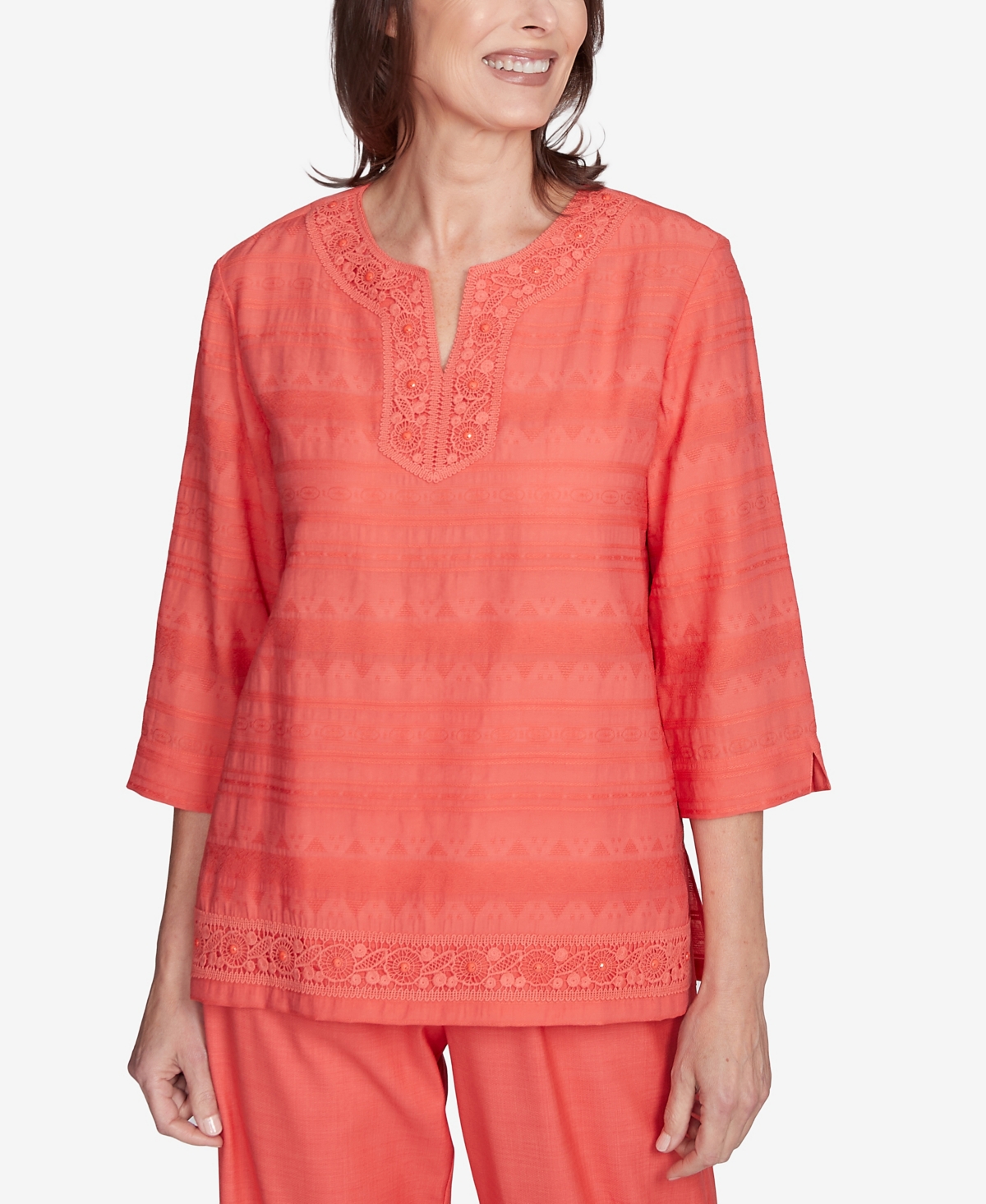Alfred Dunner Plus Size Catalina Island Solid Textured Lace Trim Round Neck Top In Tangerine