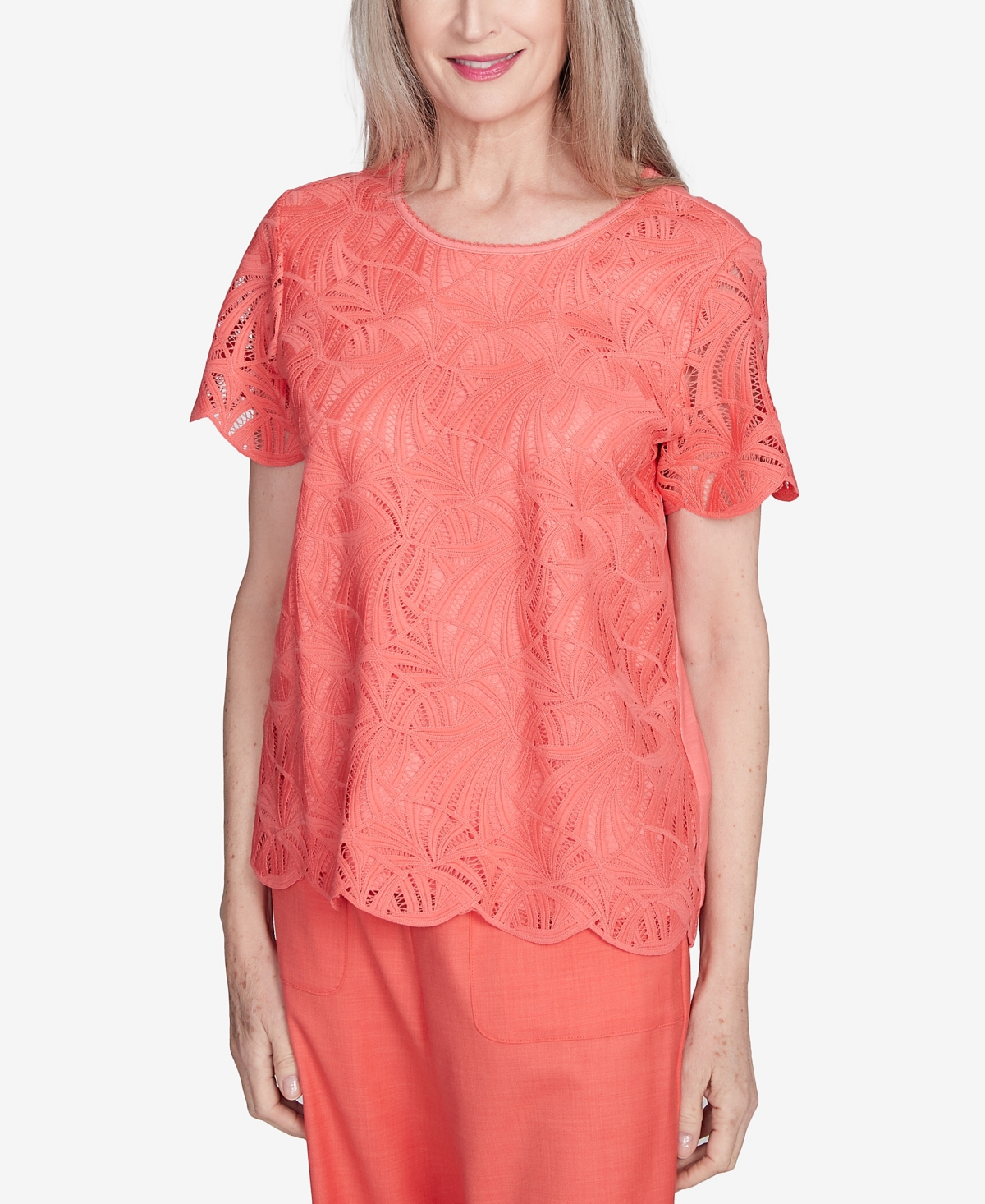 Alfred Dunner Plus Size Catalina Island Lace Trimmed Textured Crew Neck Top In Tangerine